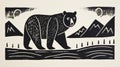 Bold Block Print Of A Walking Bear In Black Ink