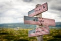 Bold bright and brave text on wooden american flag signpost outdoors