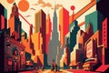 Bold and Bright Retro City Skyline Illustration with Exaggerated Proportions. Generative AI