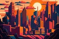 Bold and Bright Retro City Skyline Illustration with Exaggerated Proportions. Generative AI