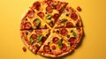 Bold And Busy: Meticulous Photorealistic Still Life Of Large Pepperoni Pizza On Yellow Background