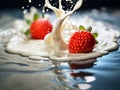 The milk splashes with a vibrant liveliness and strawberries floating