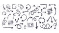 Bold chalk arrows. Doodle arrow collection, child rough pencil scribble pointers direction signs, sketchy lines and marks, simple