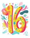 bold and cheerful number 16 with a bubbly hand-drawn font style, lively multicolored pastel shades creating a fun and dynamic