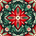 Bold Christmas floral motifs seamless pattern, fabric canvas, red green, nature boundless beauty ornate folk tile