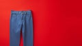 Bold Chromaticity: Hanging Blue Jeans Pant On Red Background Royalty Free Stock Photo