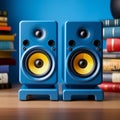 Bold Color Blends: Dark Azure And Yellow Stereo Speakers On Bookshelf