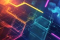 A bold, colorful abstract background featuring dynamic geometric patterns. Sharp-edged neon