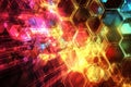 A bold, colorful abstract background featuring dynamic geometric patterns. Sharp-edged neon