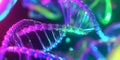 A bold, colorful abstract background featuring intricate, neon-infused DNA helix patterns. The