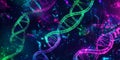 A bold, colorful abstract background featuring intricate, neon-infused DNA helix patterns. The