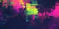 A bold, colorful abstract background with glitch-inspired digital distortion. The pixelated