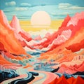 Bold And Colorful Abstract Mountain And Water Scene Illustration