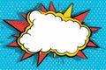 Bold and colorful comic style explosion cloud against a dotted blue backdrop in classic pop art tradition Royalty Free Stock Photo