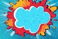 Bold and colorful comic style explosion cloud against a dotted blue backdrop in classic pop art tradition Royalty Free Stock Photo