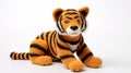 Bold And Colorful Crocheted Tiger Toy On White Background