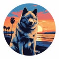 Bold And Colorful Graphic Design: Akita Silhouette On Huntington Beach