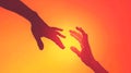 Silhouette of hands reaching for each other against a vibrant orange background. Conceptual image of connection and