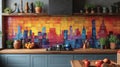 A bold and colorful stenciled mural of a bustling cityscape adds character and depth to a plain kitchen backsplash