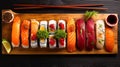 Bold And Colorful Sushi Rolls On Wooden Board