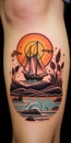 Bold And Colorful Thigh Tattoo With Boat And Sun