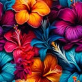 Bold and colorful tropical flower seamless pattern with hibiscus, orchids, and frangipani