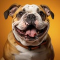 Bold contrast of an English Bulldog against vibrant orange, accentuating its stocky build and trademark wrinkled