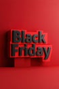 Bold 3D Black Friday text on vibrant red background emphasizing sale and shopping excitement Royalty Free Stock Photo