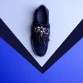 Bold dark blue female non-lacing shoe with an extravagant decorative element of rhinestones, chains, and feathers isolated on a Royalty Free Stock Photo