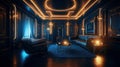 Stunning Interior Design: Rich Gold & Deep Blue, Shiny Walls & Intricate Digital Art with Neon Lights