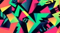 A bold flat geometric background with angular shapes in shades of neon green, pink, and blue,