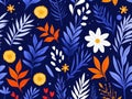 Bold floral vector artwork featuring vibrant blue orange hues intricate botanical patterns symmetrical design for modern