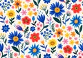 Bold folk art flowers pattern, big blue, red and yellow flowers field, bright garden texture for print on paper and