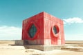 A bold, geometric cube structure stands out against the sky in the desert. Unusual window shapes add to its modern design