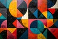 A bold geometric pattern in bright contrasting colors featuring overlapping triangles and circles