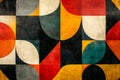 A bold geometric pattern in bright contrasting colors featuring overlapping triangles and circles