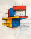 Bold Geometric Suprematist Architecture Sketch: Vibrant Primary Colors Blue Red Yellow Black White Minimalist Modernist Building