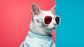 Bold And Glamorous: White Cat In Sunglasses On Blue Background