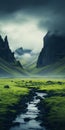 Bold And Graceful: A Dark And Foreboding Landscape With Green Grass And Mountains
