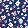 Colourful abstract hand-drawn daisy flowers on blue background vector seamless pattern