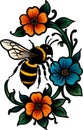 Traditional tattoo style illustration of a bee and colorful flowers. Royalty Free Stock Photo