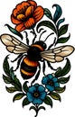 Traditional tattoo style illustration of a bee and colorful flowers. Royalty Free Stock Photo