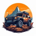 Bold Graphic Design: Orange Jeep In Stylized Mountain Landscape