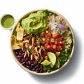 Bold And Graphic Guacamole And Chicken Taco Bowl With Tortilla Chips
