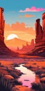 Bold Graphic Illustration Of Adventure Themed Desert Landscape At Sunset