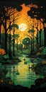 Bold Graphic Illustration Of Animal In Forest: Indonesian Art Inspired