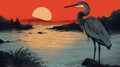 Bold Graphic Illustration Of Blue Heron At Sunset Royalty Free Stock Photo