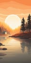 Bold Graphic Illustration Of Forest House Near Lake At Sunset Royalty Free Stock Photo