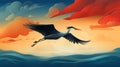 Bold Graphic Illustration Of A Heron Soaring Over The Ocean At Sunset Royalty Free Stock Photo