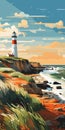 Bold Graphic Illustration Of Montauk Lighthouse In Mixed Media